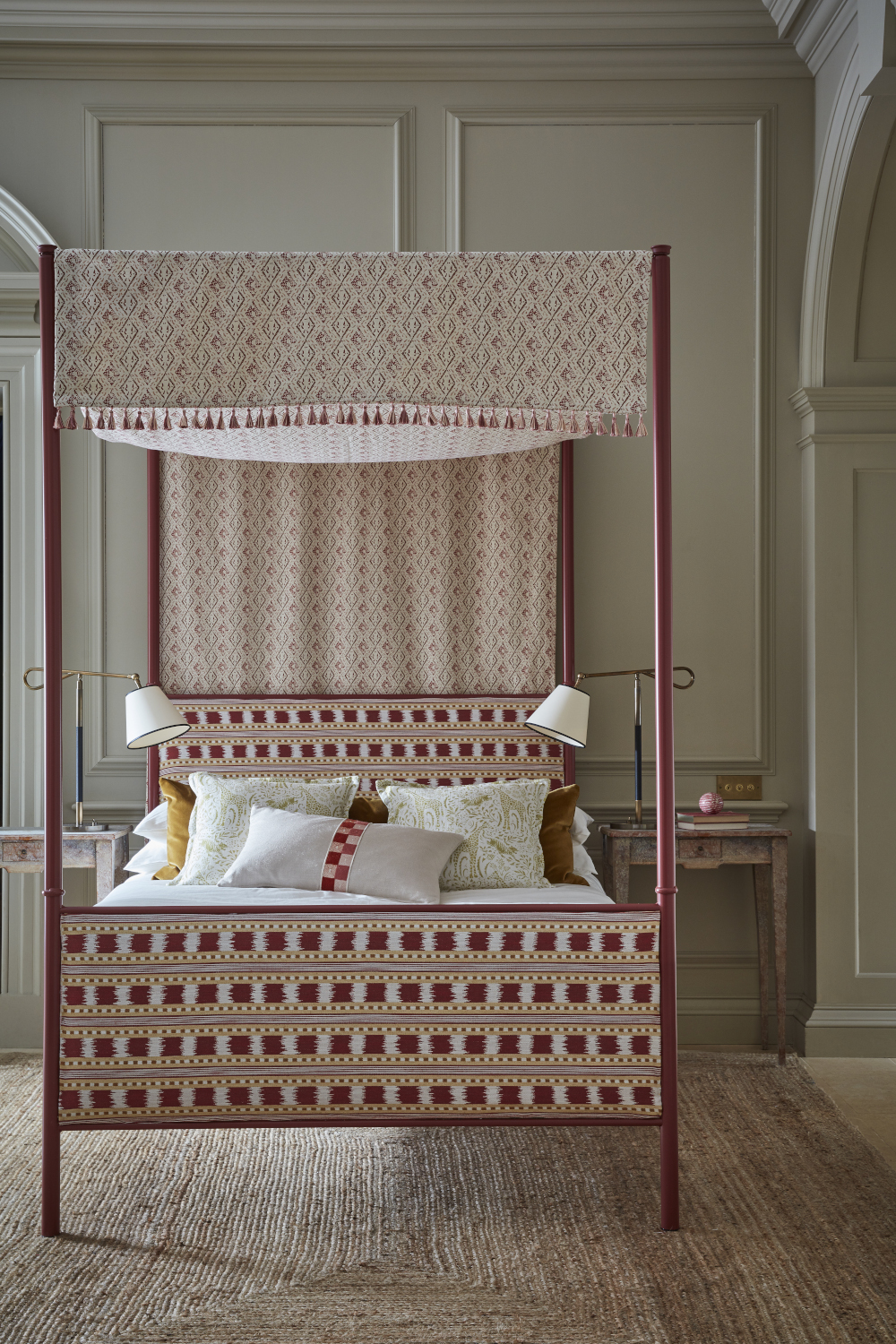 Image of upholstered bed frame in red and gold.